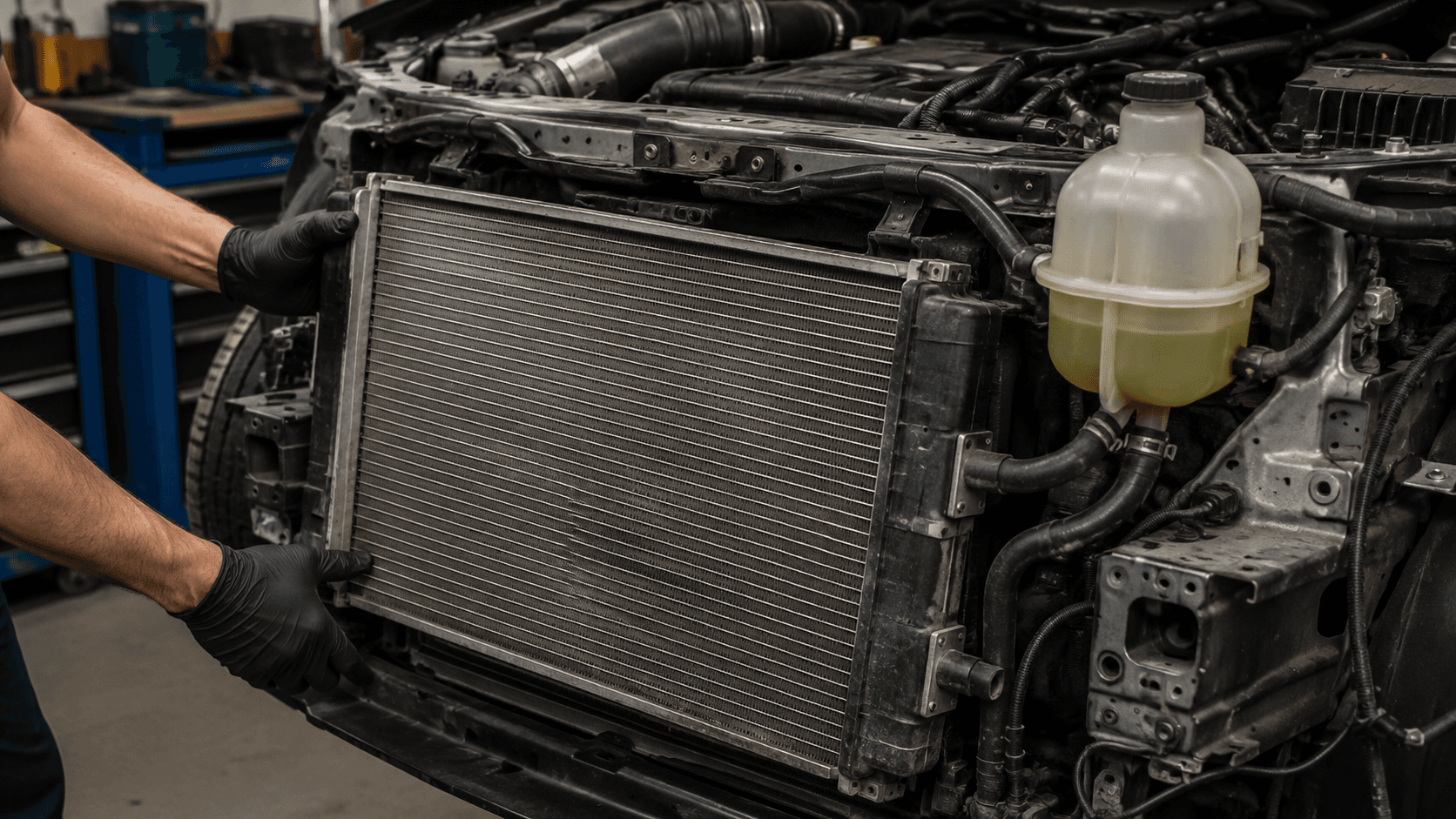 Radiador y sistema de refrigeración de coche revisado en taller