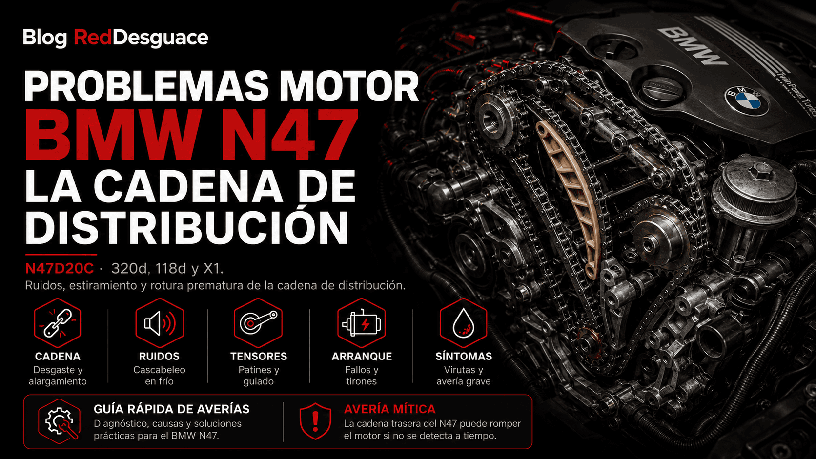 Motor BMW N47 con la distribución trasera por cadena a la vista