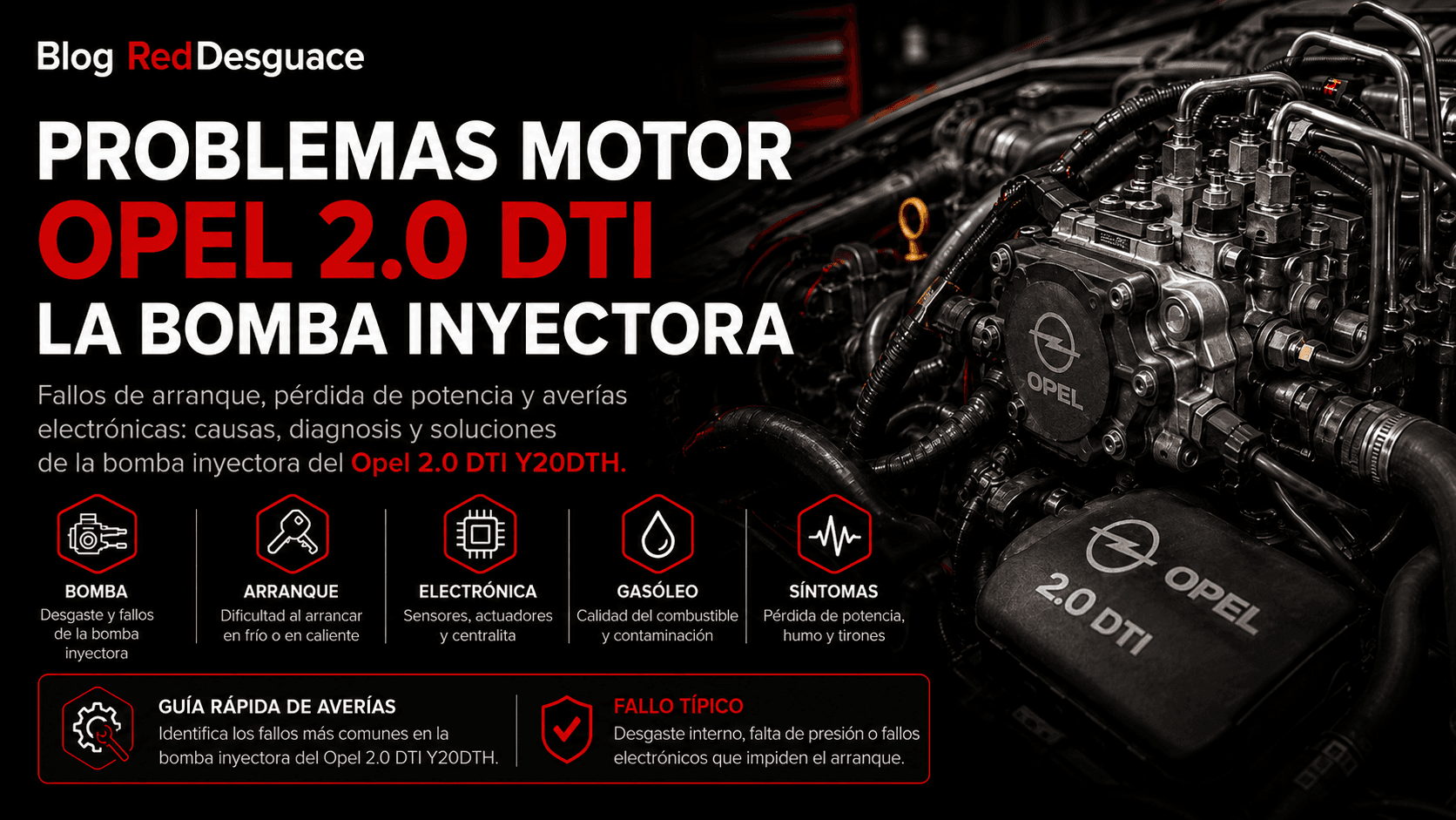 Motor Opel 2.0 DTI Y20DTH con bomba inyectora visible en desguace