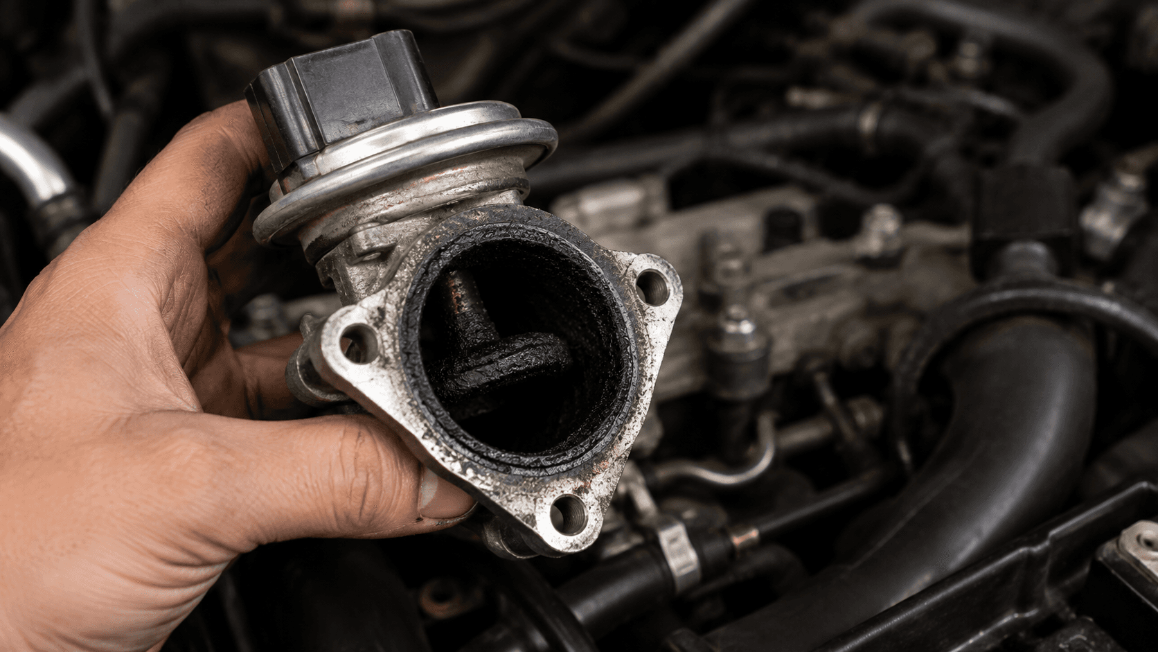 Válvula EGR de motor diésel desmontada mostrando la carbonilla acumulada